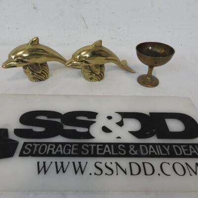 3 pc Brass Decor: 2 Dolphins & 1 Small Goblet