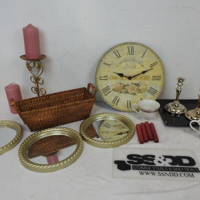 17 pc Home Decor: Candles, Basket, Mirrors, Candle Holders, Clock