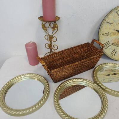 17 pc Home Decor: Candles, Basket, Mirrors, Candle Holders, Clock