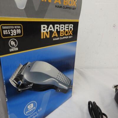Barber In a box hair clipper set, Razor, Scissors, Comb, Complete