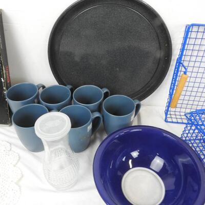 Kitchen Lot: 6 Stoneware Mugs, Blue Napkin and Flatware Holder, Crystal Platter