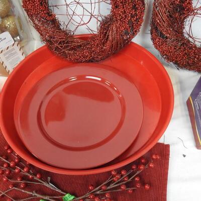 13 pc Christmas Lot: Red Platter, Glass Ornaments, Red Melt Burner, Red Wreaths