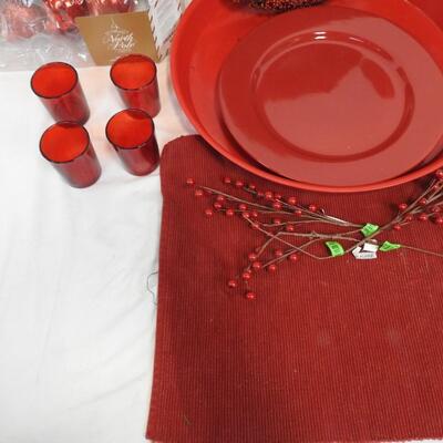 13 pc Christmas Lot: Red Platter, Glass Ornaments, Red Melt Burner, Red Wreaths