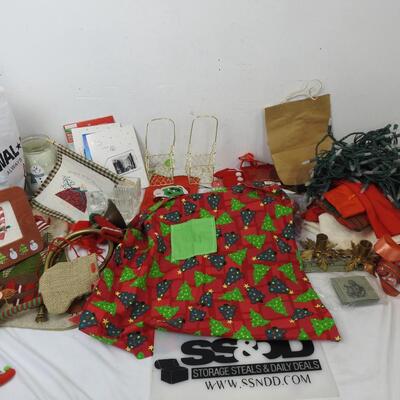 Christmas Themed Lot: Frame, Lights, Wreath, Mug, Stockings, etc