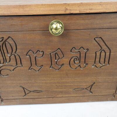 Bread Box 17 (length) x 11 (width) x 11 (height) inches. Bread Carving on Front