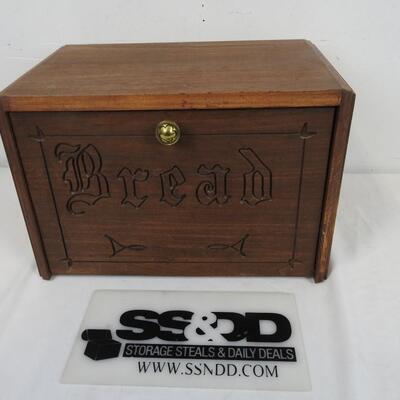 Bread Box 17 (length) x 11 (width) x 11 (height) inches. Bread Carving on Front
