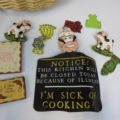 Kitchen Lot: Dish Dry Tray, Hand Towels, Basket, Magnets, Match Covers, Roasters