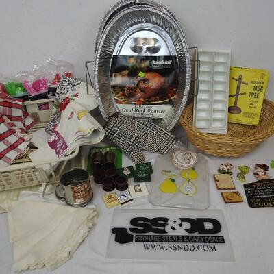 Kitchen Lot: Dish Dry Tray, Hand Towels, Basket, Magnets, Match Covers, Roasters
