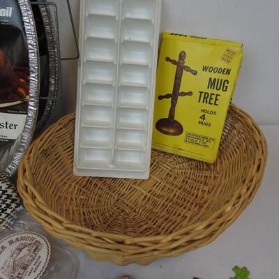 Kitchen Lot: Dish Dry Tray, Hand Towels, Basket, Magnets, Match Covers, Roasters