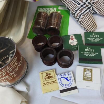 Kitchen Lot: Dish Dry Tray, Hand Towels, Basket, Magnets, Match Covers, Roasters