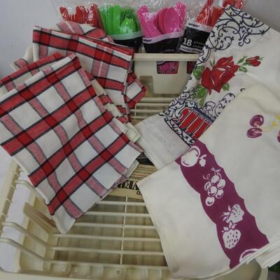 Kitchen Lot: Dish Dry Tray, Hand Towels, Basket, Magnets, Match Covers, Roasters