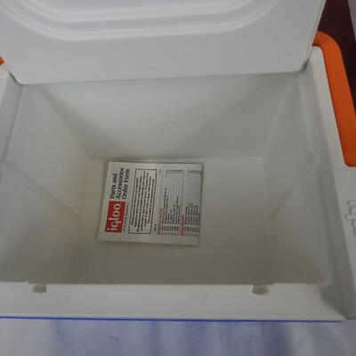 2 Small Coolers: 1 Blue Igloo Cooler with Orange Handle, Red Coleman Cooler