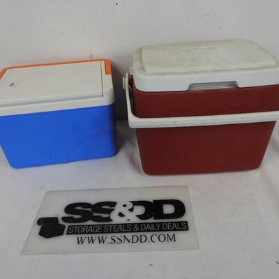 2 Small Coolers: 1 Blue Igloo Cooler with Orange Handle, Red Coleman Cooler