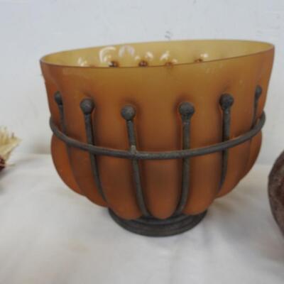 8 pc Fall Decor: Glass Pumpkin, Glass & Metal Bowl, Faux Fall Flowers, Scarecrow