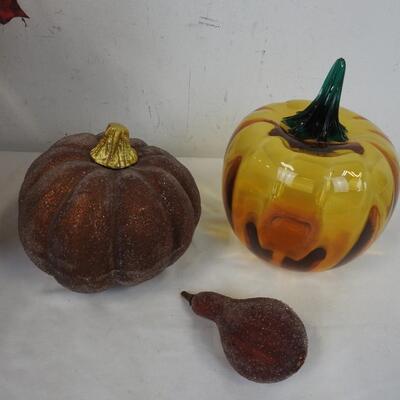 8 pc Fall Decor: Glass Pumpkin, Glass & Metal Bowl, Faux Fall Flowers, Scarecrow