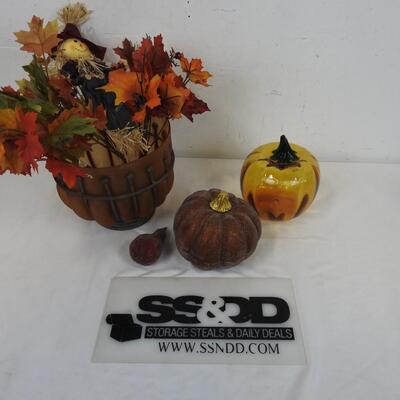 8 pc Fall Decor: Glass Pumpkin, Glass & Metal Bowl, Faux Fall Flowers, Scarecrow