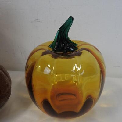 8 pc Fall Decor: Glass Pumpkin, Glass & Metal Bowl, Faux Fall Flowers, Scarecrow