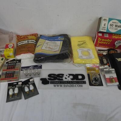 Household Lot: Light Bulbs, Padlocks, Grill Cover, nails, Fireplace Matches