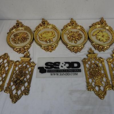 8 Pieces Gold Colored Wall Decor, Flowers