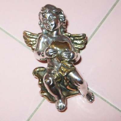 MS David Varsano Sterling Silver Cupid Pendant Broach Gold Wash Huge 3" Israel