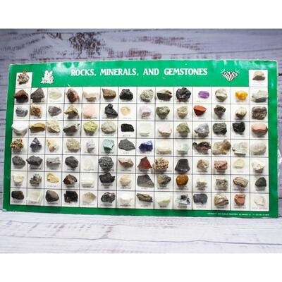 Rocks, Minerals, and Gemstones Identification Chart with Sample Pieces