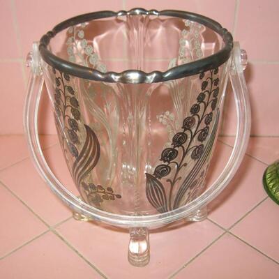 MS 3 pcs Vintage Glass Ice Bucket Silver Overlay Green Vase Clear Etched