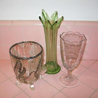 MS 3 pcs Vintage Glass Ice Bucket Silver Overlay Green Vase Clear Etched