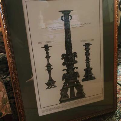 pair of Cavalier Piranesi Candelabra framed prints - (original price tag shows $339 each)