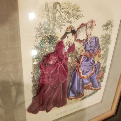 large framed multi-print antique French Fashion prints with custom mounted vintage dress