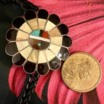 AA   CONTEMPORARY NATIVE AMERICAN BOLO TIE INLAY HOPI DESIGN SILVER & MIXED STONES