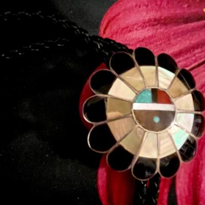 AA   CONTEMPORARY NATIVE AMERICAN BOLO TIE INLAY HOPI DESIGN SILVER & MIXED STONES