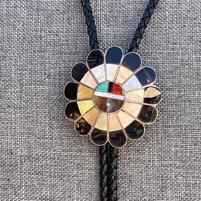 AA   CONTEMPORARY NATIVE AMERICAN BOLO TIE INLAY HOPI DESIGN SILVER & MIXED STONES