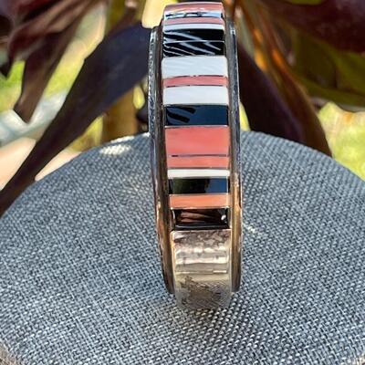AA    CONTEMPORARY NATIVE AMERICAN SILVER CUFF BRACELET INLAY STONE BLACK  PINK CORAL WHITE