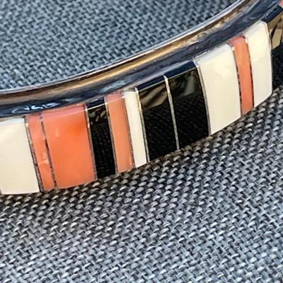 AA    CONTEMPORARY NATIVE AMERICAN SILVER CUFF BRACELET INLAY STONE BLACK  PINK CORAL WHITE