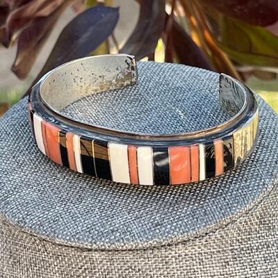 AA    CONTEMPORARY NATIVE AMERICAN SILVER CUFF BRACELET INLAY STONE BLACK  PINK CORAL WHITE