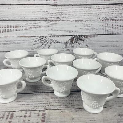 Set of 11 Vintage Harvest Grape Milk Glass Tea Cup Mug and Large White Fruit Bowl
