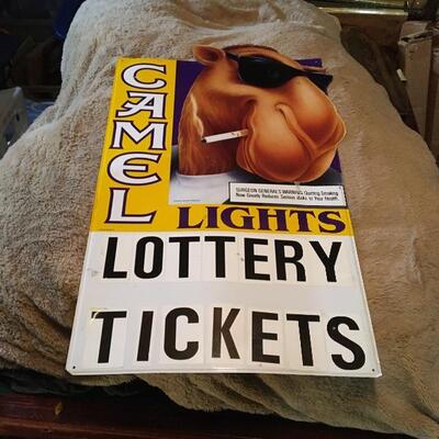 Camel Lights Tobacco and Lottery 17â€ x 28â€ Metal Store Advertising Sign.