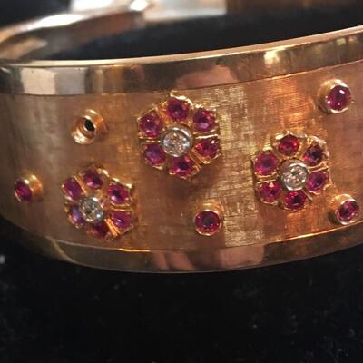 Victorian 18k Gold 72 gram Cuff Bangle with Rubies and Diamonds 