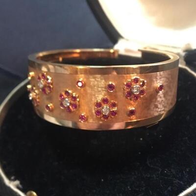 Victorian 18k Gold 72 gram Cuff Bangle with Rubies and Diamonds 