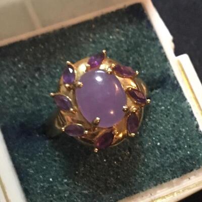 Antique 14k Gold Ring with Purple Jade and Amethysts. Size 8.