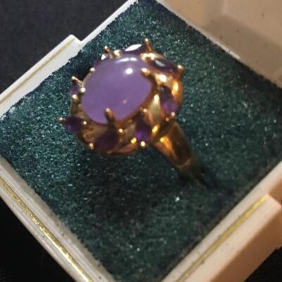 Antique 14k Gold Ring with Purple Jade and Amethysts. Size 8.