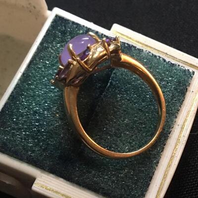 Antique 14k Gold Ring with Purple Jade and Amethysts. Size 8.