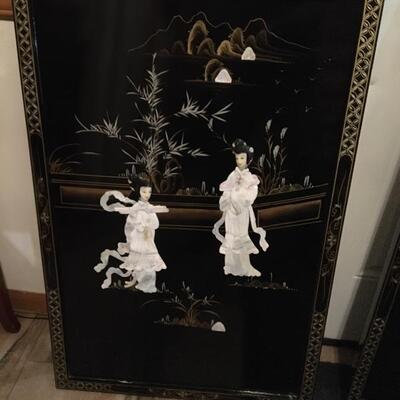 Pair of Large Asian Black Lacquer Wall Hangings with MOP Art 24â€ x 36â€ each.
