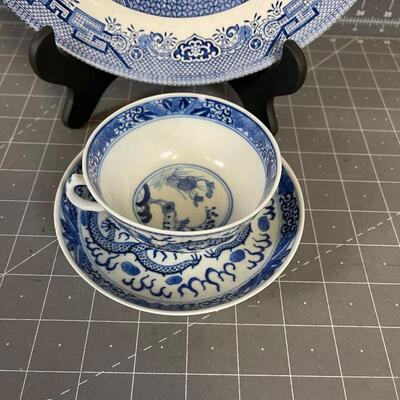 Vintage Blue Willow Transfer Ware Cup, Saucer and Dinner Plate