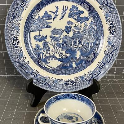 Vintage Blue Willow Transfer Ware Cup, Saucer and Dinner Plate