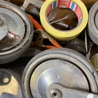 Tray of Garage Items and Heavy Duty Casters 