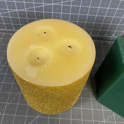 2 LARGE Candles Gold and Green 