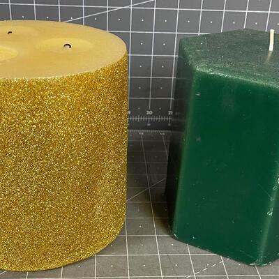2 LARGE Candles Gold and Green 