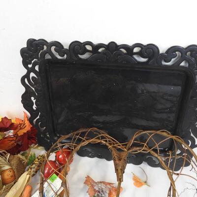 Fall and Halloween Decor: Faux Flowers, Twine Hearts, Wreath, Black Tray