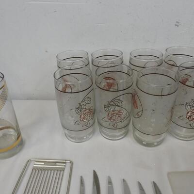 24 pc Kitchen Lot: Butterfly/Flower Cups, Steak Knives, Doilies/Napkins, Tongs